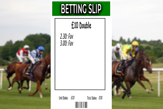 A double bet betting slip with a horse racing background