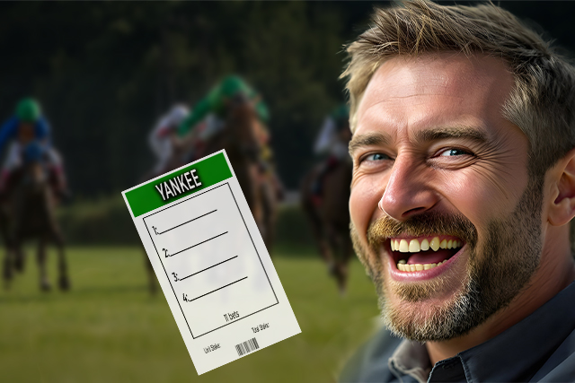 An excited man at the horse races with a multiple betting slip