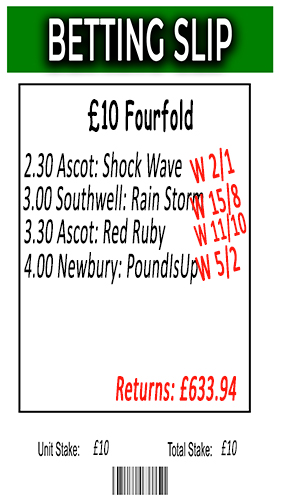 A fourfold settled winning slip