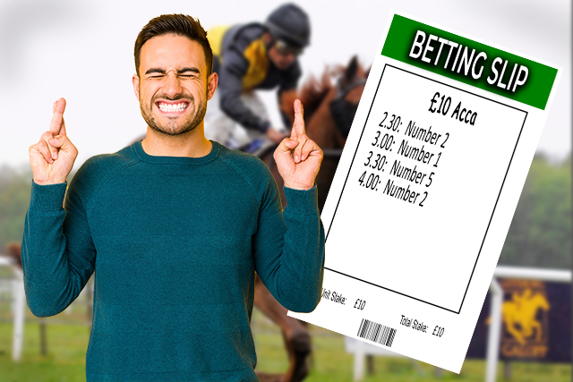 A fourfold bet betting slip with a lucky punter on a horse racing background