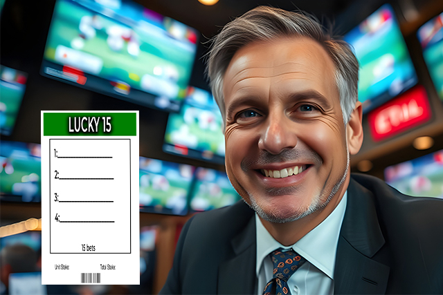 A smart mature man inside a betting shop with a full-cover betting slip