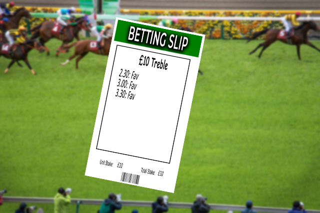 A treble bet betting slip with a horse racing background