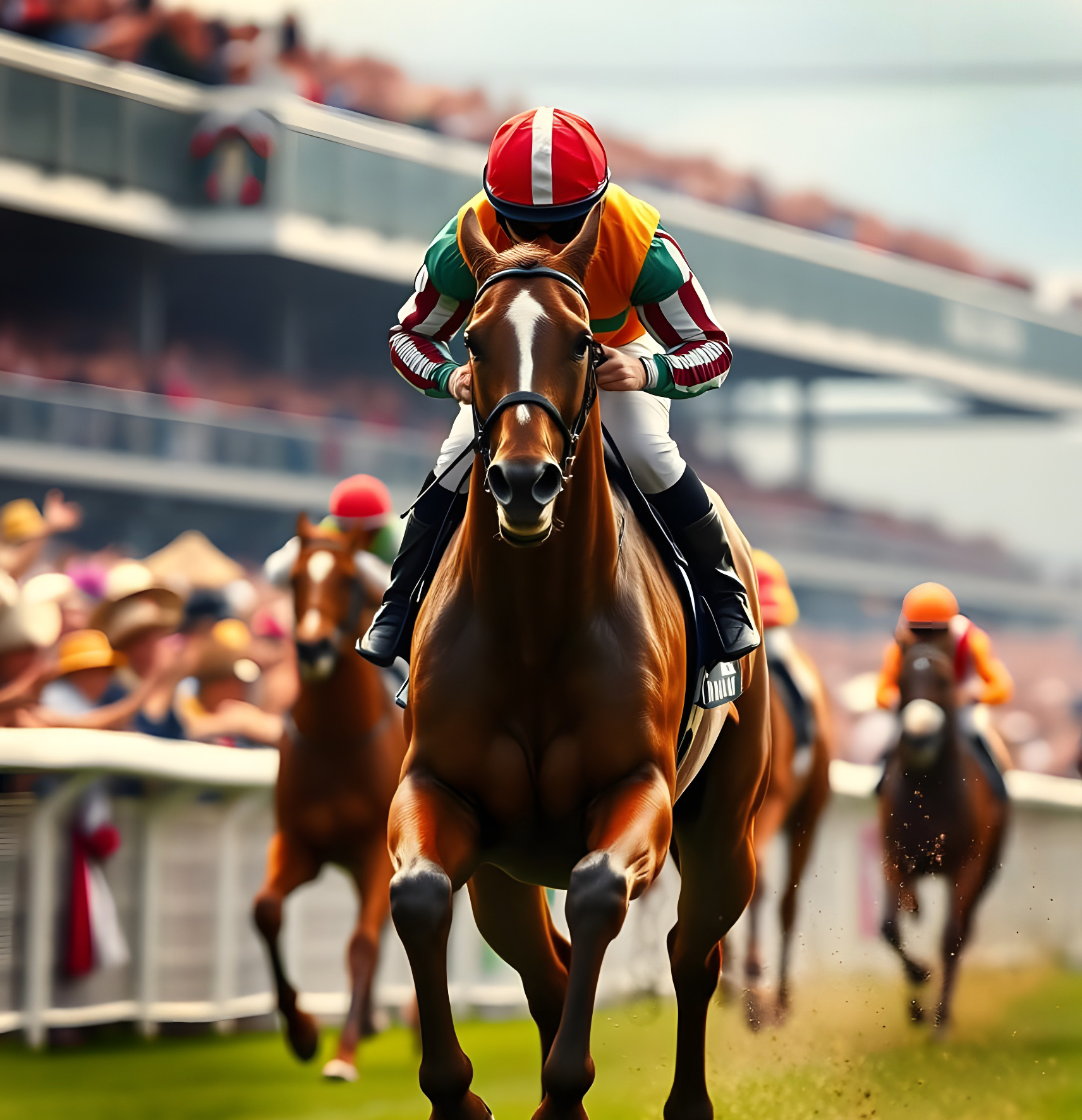 A race horse approaching the winning post